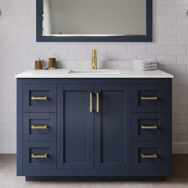 Wyndham Collection Miranda 48 in. W Single Bath Vanity in Dark Blue w/Cultured Marble Vanity Top in LV Carrara with White Basin and Mirror