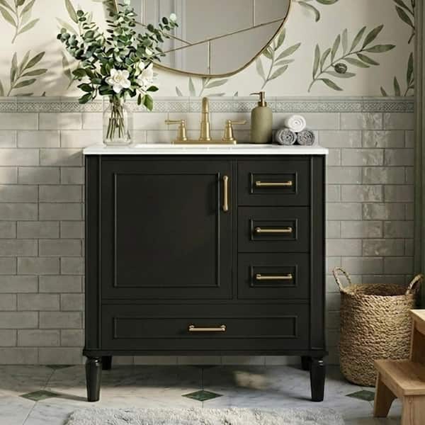 FAMYYT 30 in. Single Sink Freestanding Solid Wood Feet Black Bath