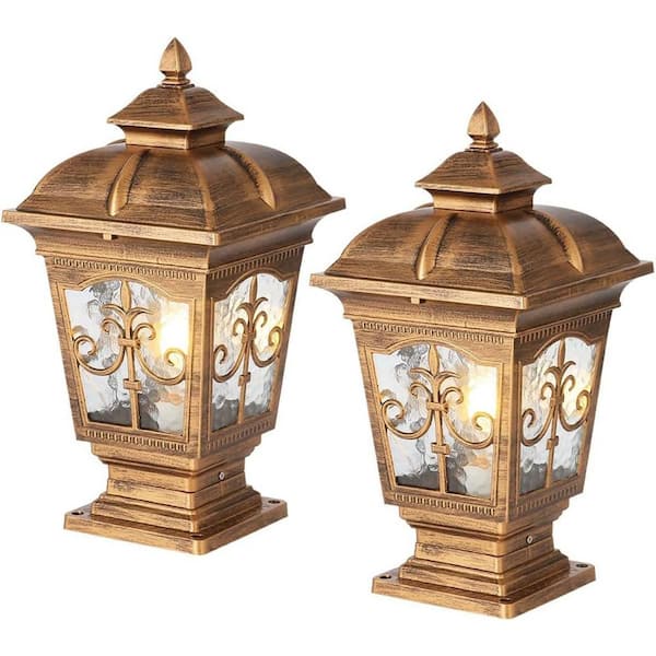 2 Pack Traditional Waterproof Garden Post Light Aluminum Modern External Patio Landscape Glass Post Lantern Bronze