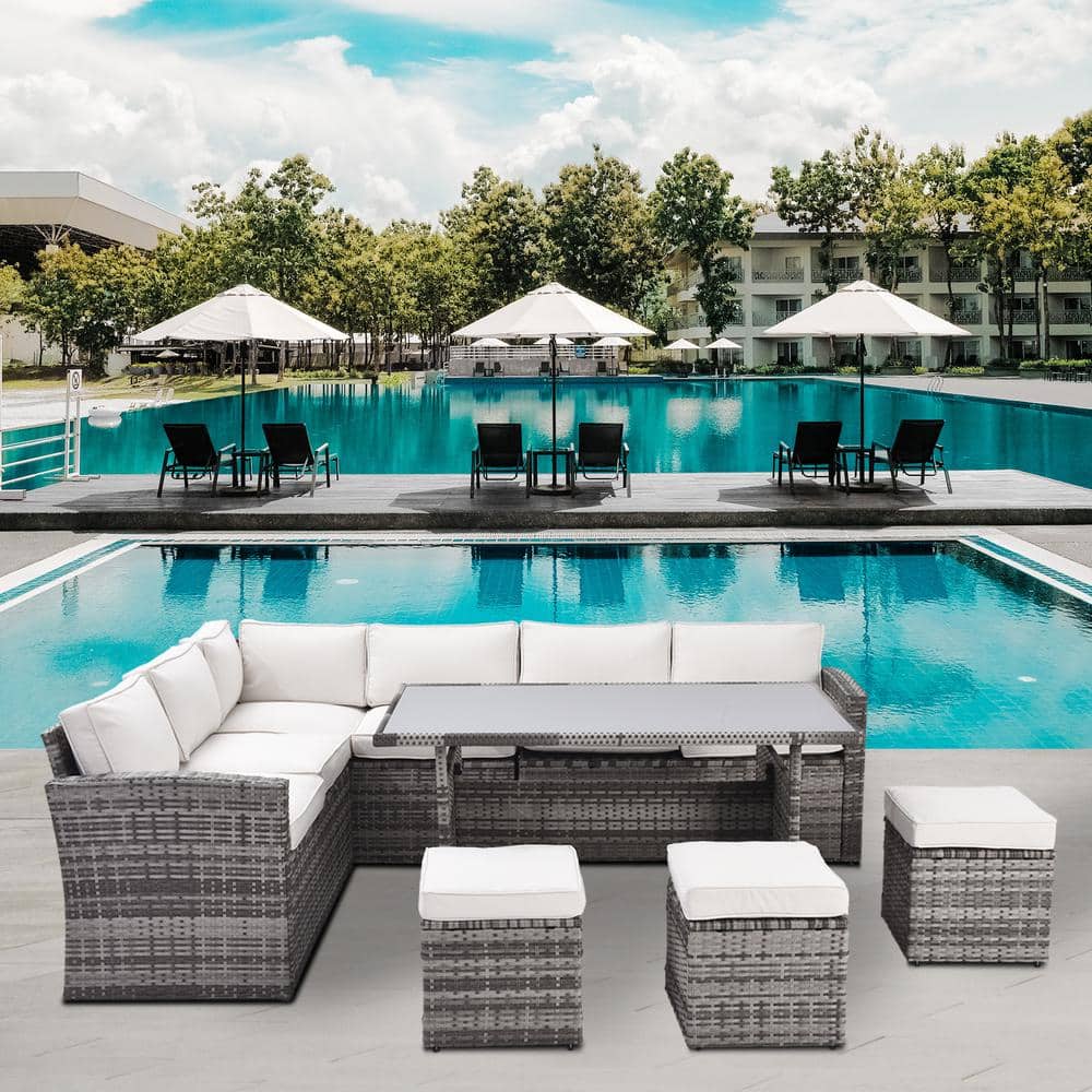 Gray 7-Pieces Wicker Outdoor Sectional Conversation Sectional Set with Beig