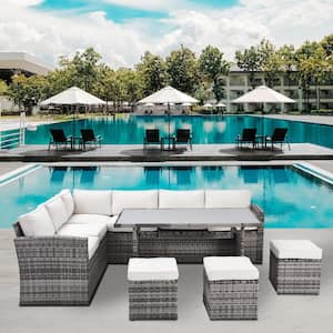 Gray 7-Pieces Wicker Outdoor Sectional Conversation Sectional Set with Beige Cushions, Dining Table, Chairs and Ottomans