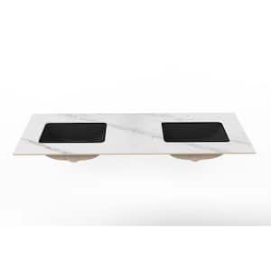 Cassandra 60 in. W x 22 in. D Porcelain Vanity Top in White Marble Finish with Double Black Sink Basin
