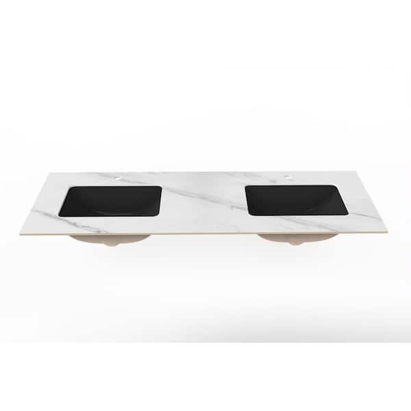 castellousa Cassandra 60 in. W x 22 in. D Porcelain Vanity Top in White Marble Finish with Double Black Sink Basin