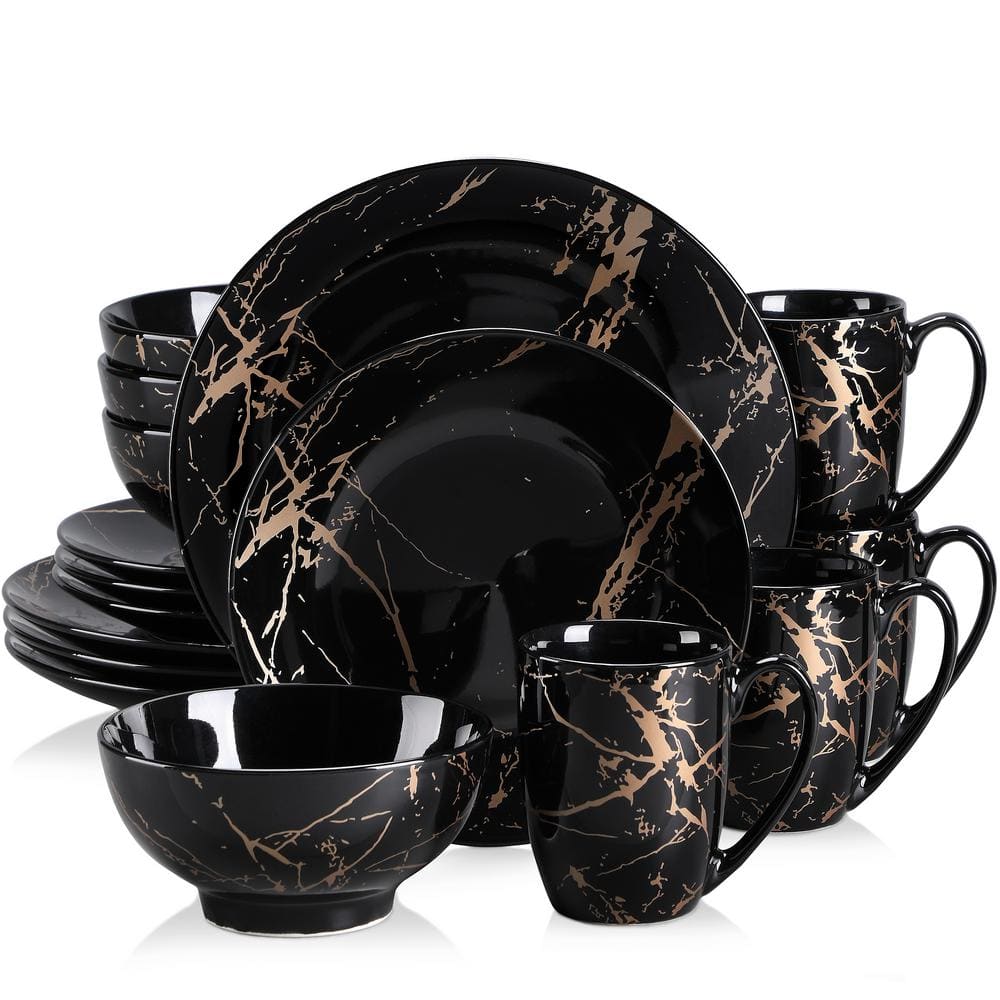 LOVECASA Sweet 16Piece Porcelain Black Splash of Gold Dinnerware Set