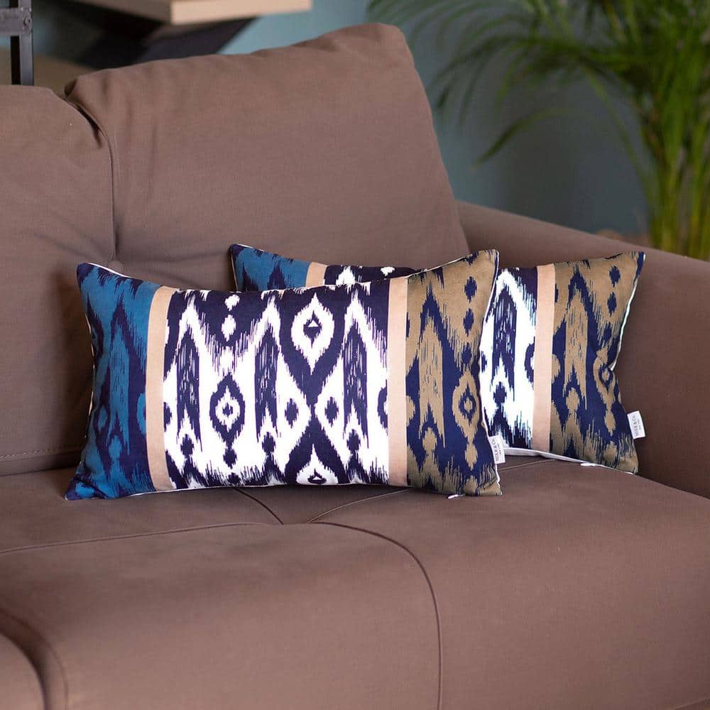 Ikat Blue and Brown Polyester Lumbar Pillow Covers Set