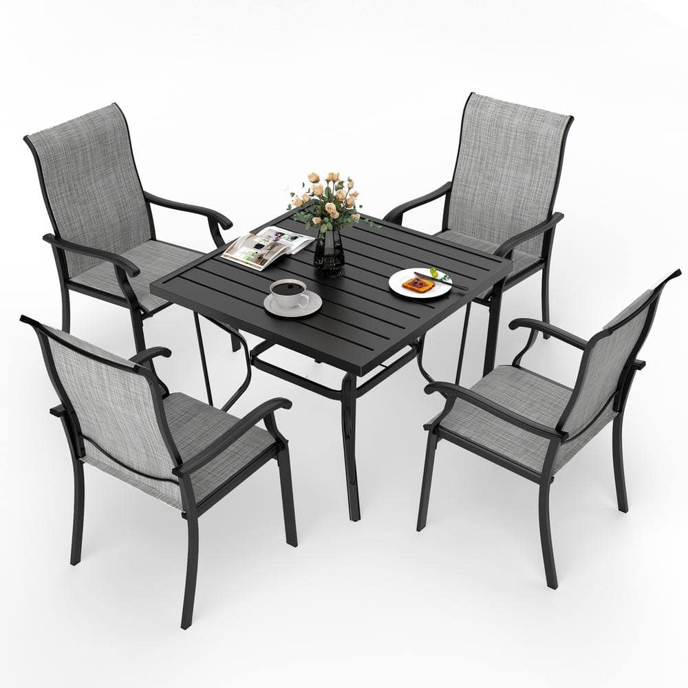 PamaPic Gray 5-Piece Metal Outdoor Patio Dining Set with 4 Text Ilene Chairs and Square Table