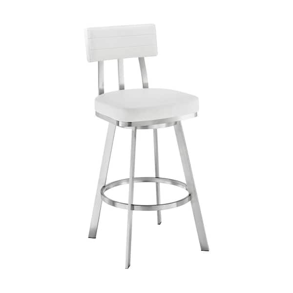Armen Living Benjamin 26 in. White High Back Metal Counter Stool with Faux Leather Seat