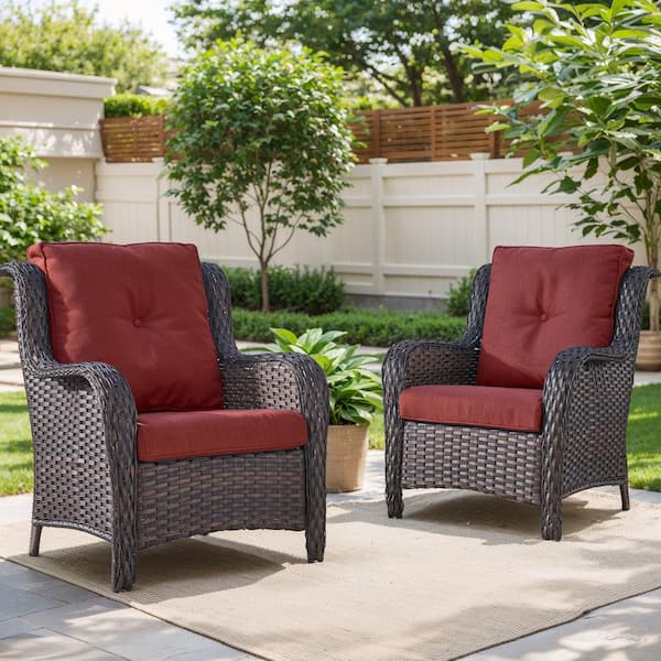 Patio Brown Wicker Outdoor Lounge Chair with Red Cushions and Curved Armrest (2-Pack)