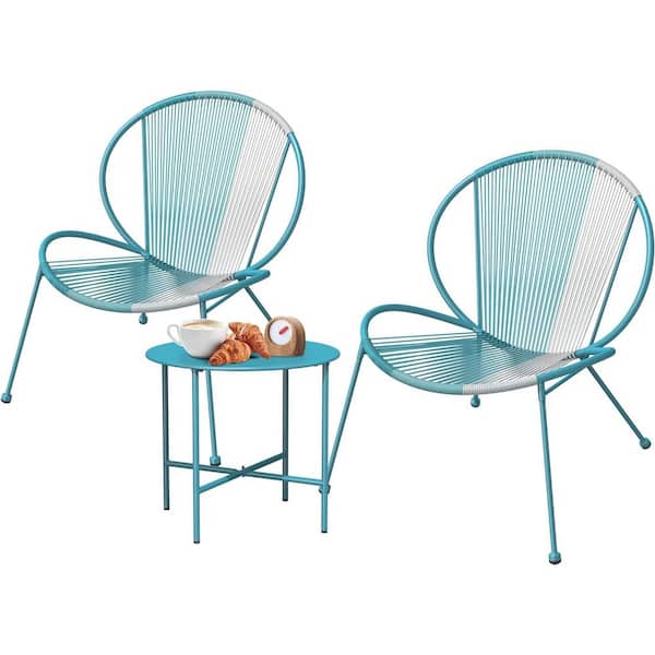 Yangming Lake Blue 3-Piece PE Wicker Rope Patio Conversation Set with No Cushions, Coffee Table