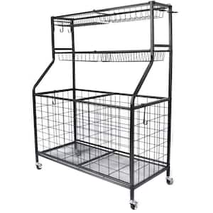 36.1 in. Black Sports Equipment Storage Cart With 2 Storage Bin and 4 Wire Mesh Basket