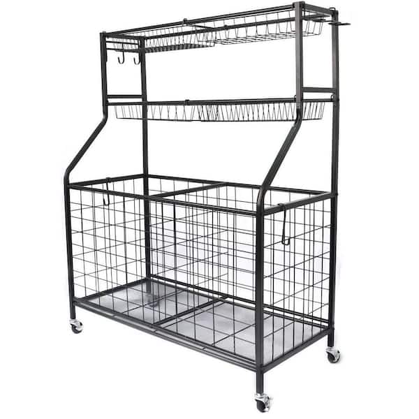 cadeninc 36.1 in. Black Sports Equipment Storage Cart With 2 Storage Bin and 4 Wire Mesh Basket