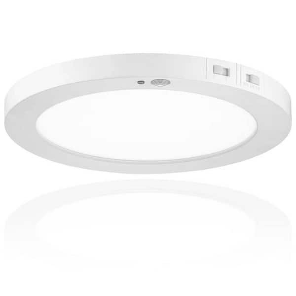 1-Light White Motion Sensing Integrated LED Outdoor Flush Mount Light with Photocell