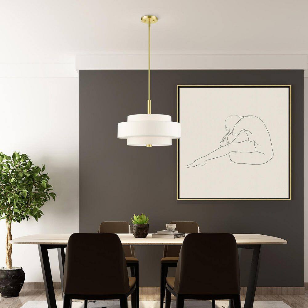 Satin Brass 4-Light Drum Chandelier with Off-White Shade