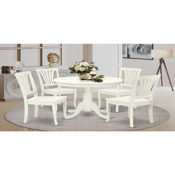 East West Furniture 5-Piece Round Linen White Finish Solid Wood Top Dining table with 4 Chairs with Slat Back