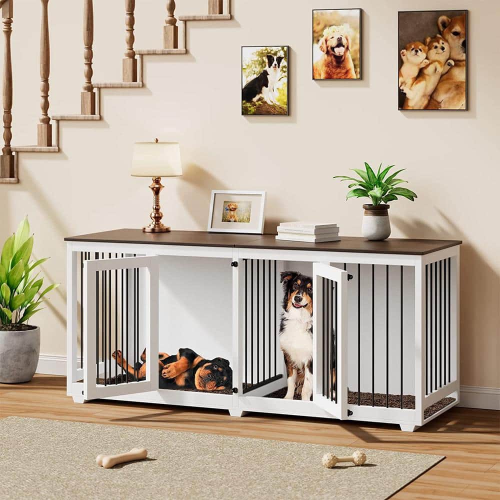 White and Brown Large Wooden Double Dog Crate Furniture