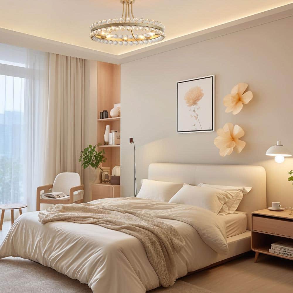 Amber Brushed Brass 24" Crystal Semi-Flush Mount Chandelier