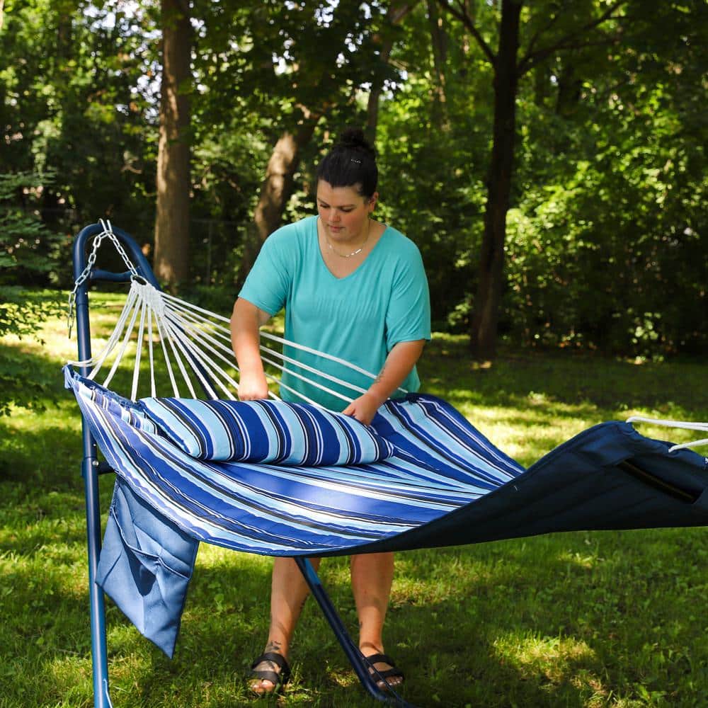 Blue and White Quilted Double Hammock with Metal Spreader Bars