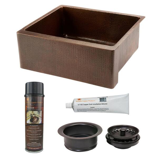 Premier Copper Products Hammered Copper 25 in. Single Basin Apron Kitchen Sink with Matching Drain and Accessories