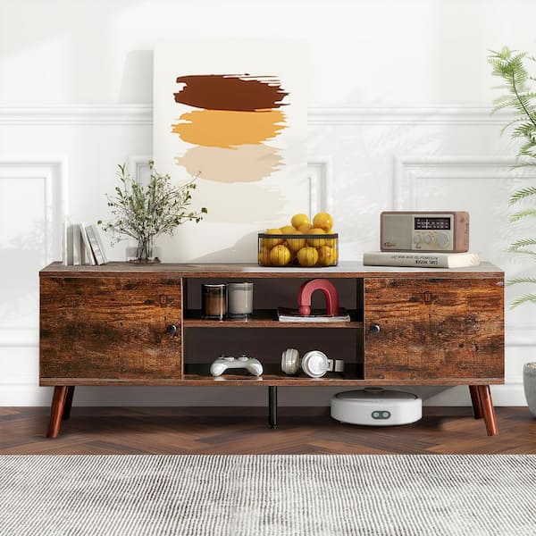 WONDER COMFORT Brown TV Stand Fits TVs up to 55 in. to 60 in. Entertainment Center with 2 Storage Cabinets and Shelves