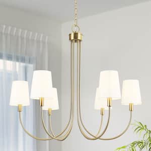 28.5 in. 6-Light Transitional Plated Brass Linear Chandelier, Modern Vintage Fabric Shade Dining Room Chandelier