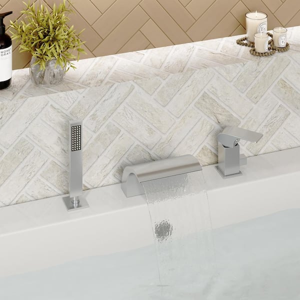 Single-Handle Tub-Mount Roman Tub Faucet with Hand Shower in Brushed Nickel