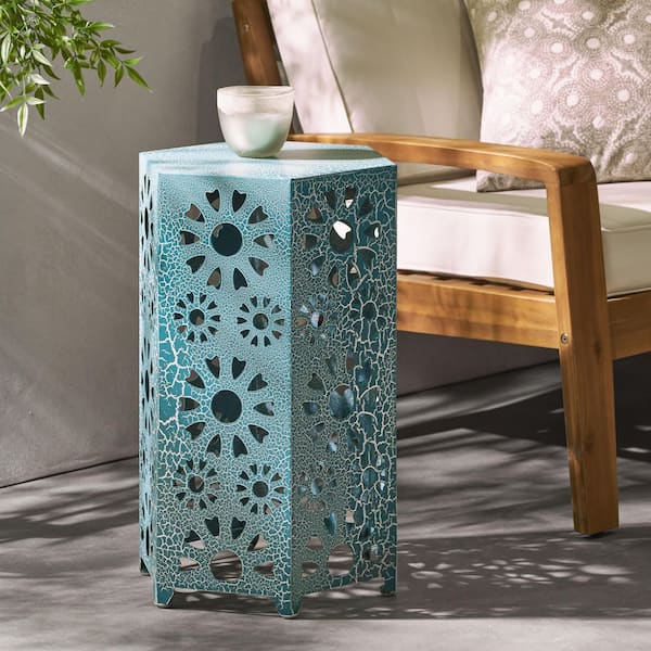 Teal Metal Outdoor Side Table with Sunburst Cut Out Design ZOTST