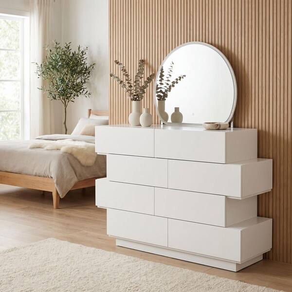 Kingdely Cream 8 Drawer 50.1 in. Wide Dresser with Mirror, 3-Color LED Lighting, Wide Top Surface and Staggered Design Z-260131-01+8