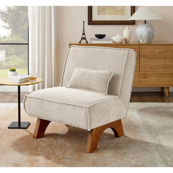 Art Leon COZY Off White Fabric Accent Slipper Chair with Lumbar Pillow and Wood Legs