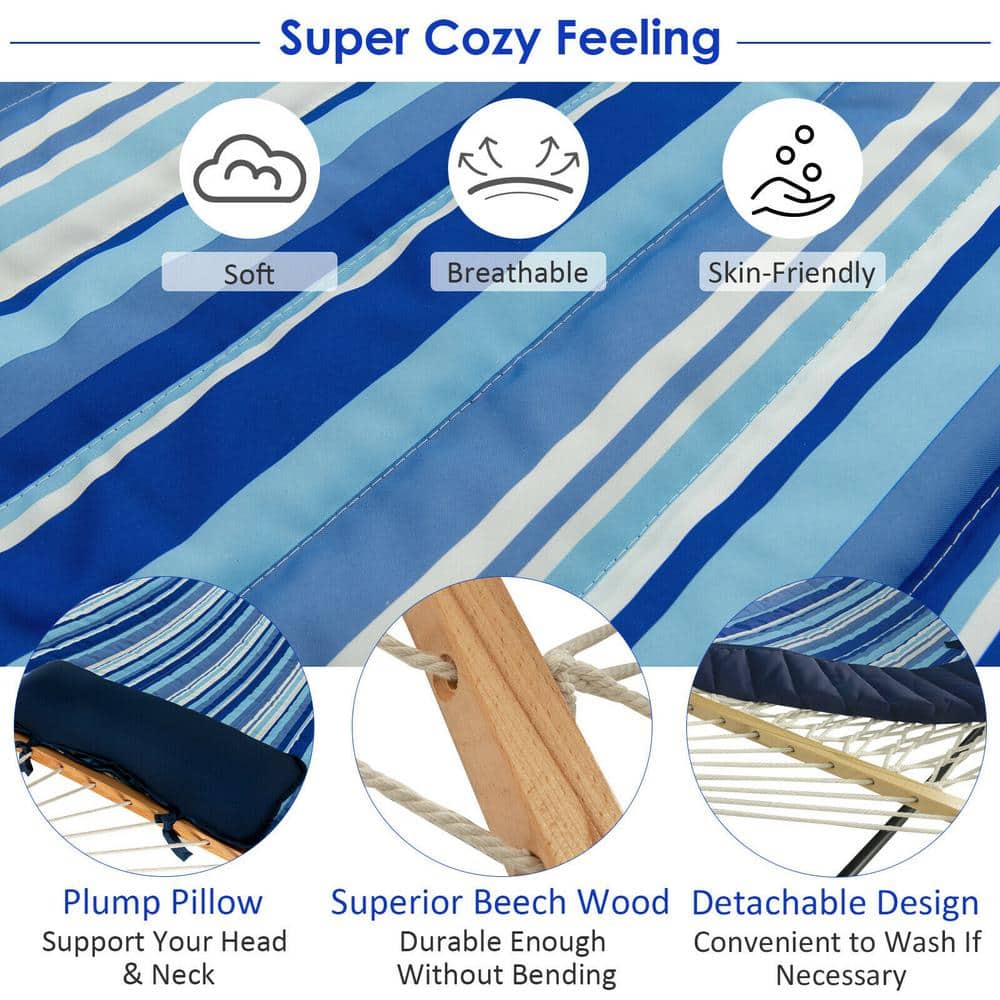 Blue Striped Cotton Hammock Chair Stand Set with Pillow and Cup Holder