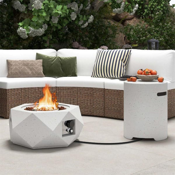 28 in. Hexagon Terrazzo Propane Gas Fire Pit Table Set with Hideaway Tank Holder