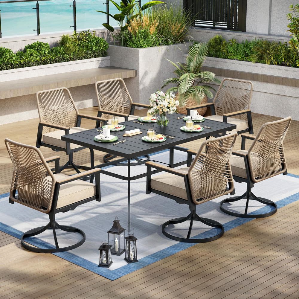 7-Piece Black Metal Patio Outdoor Dining Set with Rectangle Table and Woven Rope Swivel Chair with Beige Cushions price history on PriceWatchPro