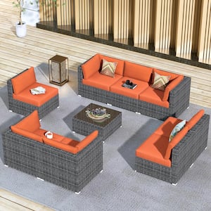 Messi Grey 9-Piece Wicker Outdoor Patio Conversation Sofa Seating Set with Orange Red Cushions