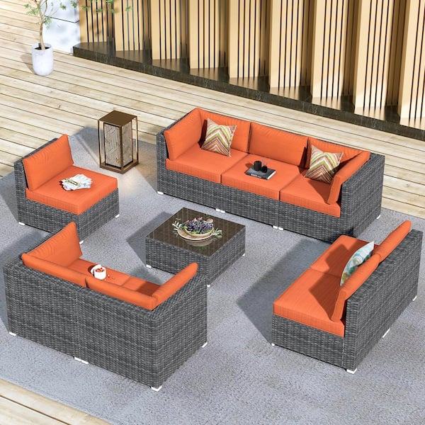 HOOOWOOO Messi Grey 9-Piece Wicker Outdoor Patio Conversation Sofa Seating Set with Orange Red Cushions