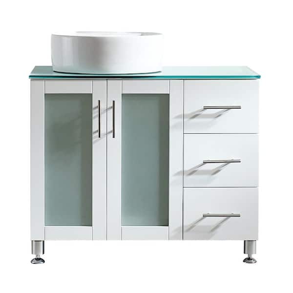 ROSWELL Tuscany 36 in. Bath Vanity in White with Tempered Glass Vanity Top in Green with White Vessel Sink
