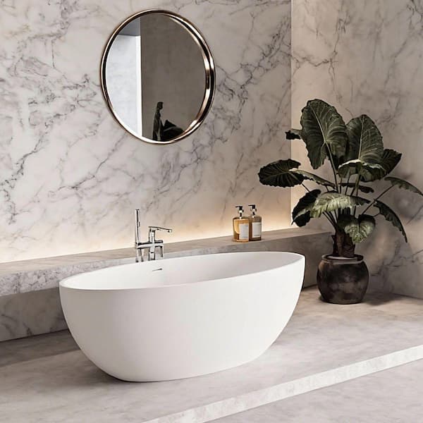 67 in. x 32 in. Stone Resin Freestanding Soaking Bathtub in Matte White with Drain