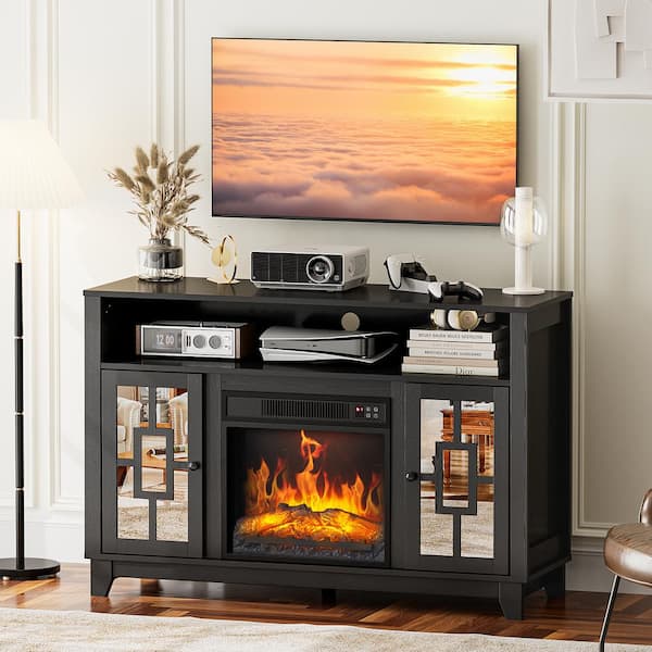Karl home Mirrored Door Black TV Stand and Entertainment Center Fits TV's Up to 60 in. with Not Include Fireplace