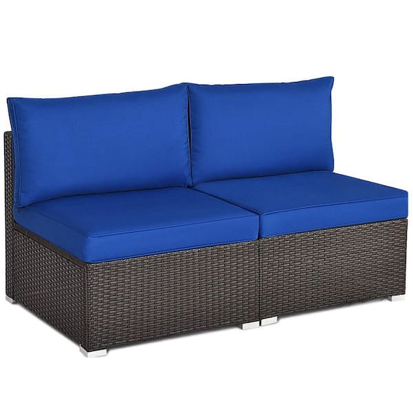 Alpulon Brown Wicker Outdoor Patio Armless Dining Chair with Navy Blue Cushions (2-Pack)
