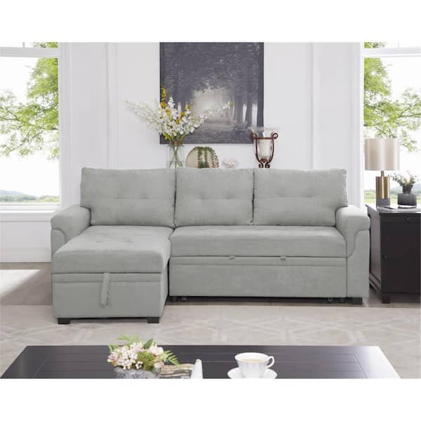 HOMESTOCK - 84.64 in. Velvet L-Shaped Sleeper Sectional Sofa with Square Arms in. Gray, Reversible Chaise, and Pull-out Sofa Bed