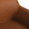 Close-up detail of the camel faux leather upholstery and stitching on the bench.