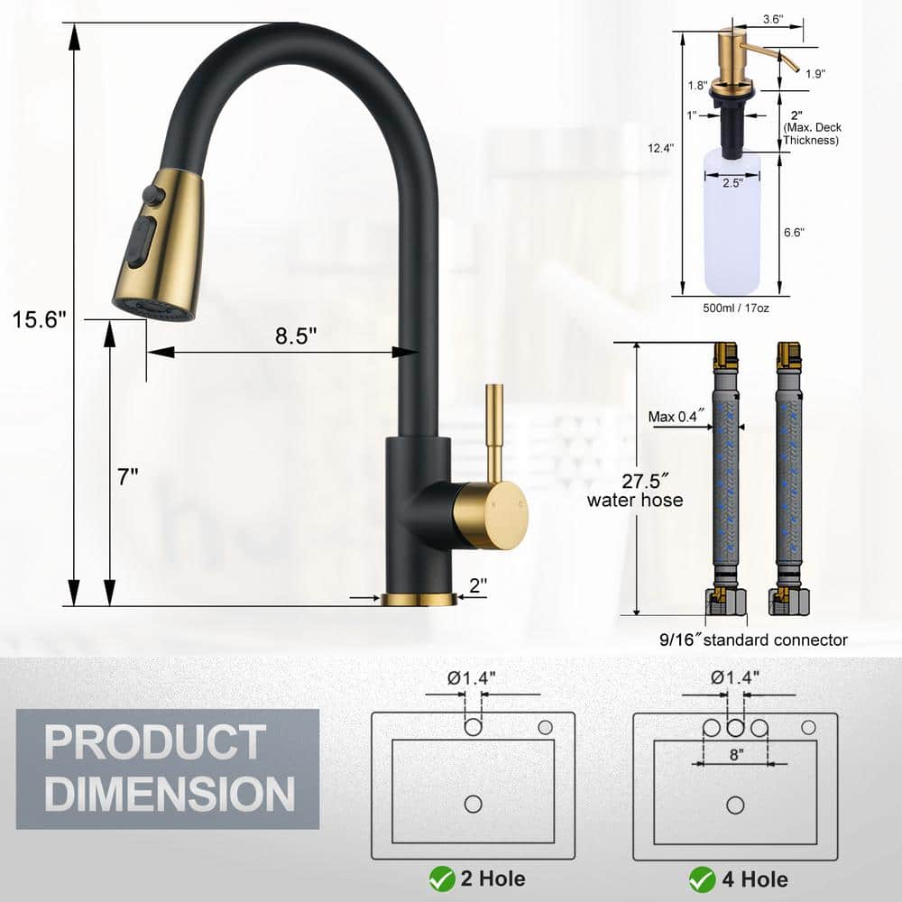 Matte Black and Gold Stainless Steel Pull Down Kitchen Faucet