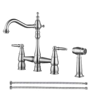 Solid Brass 4 Hole Deck Mount Double Handle Bridge Kitchen Faucet with Removable Aerator in Brushed Nickel