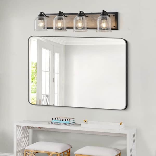 32 in. W 4 Light Black Farmhouse Vanity Light Fixture with Clear Seeded Glass Shades, E26, No Bulbs Included