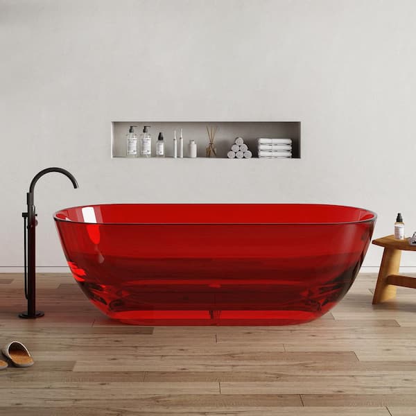 MEDUNJESS 69 in. x 29.5 in. Stone Resin Solid Surface Flatbottom Freestanding Soaking Bathtub in Transparent Red
