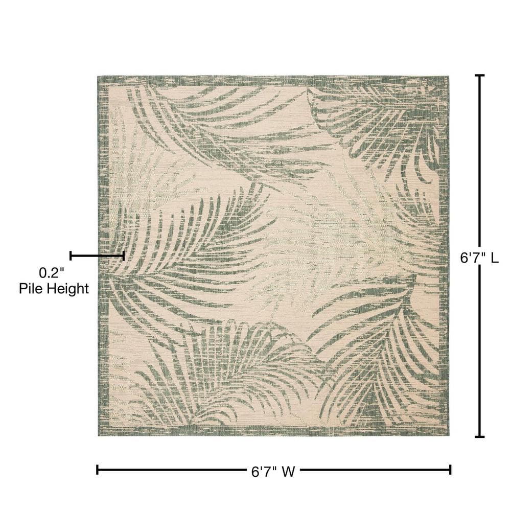 Beige and Green Square Palm Leaf Indoor/Outdoor Rug