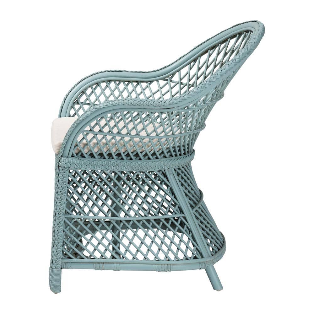 Handcrafted Light Blue Rattan Accent Chair with Cushion
