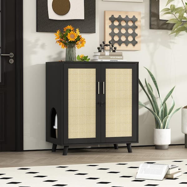 Modern Cat Litter Box Enclosure, Black Hidden Litter Box Furniture Cat Washroom Storage With Lock Sisal Door for Rooms