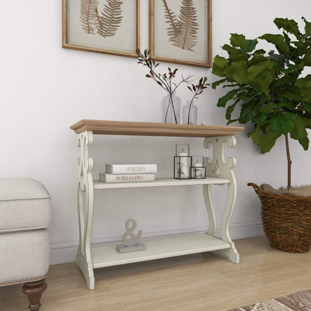 Cottage Charm White and Natural Wood 2-Tier Console Table with Storage
