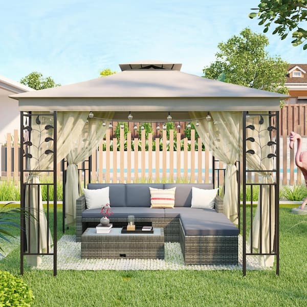 GOSHADOW 10 ft. x 10 ft. Beige Steel Vented Dome Top Patio Gazebo