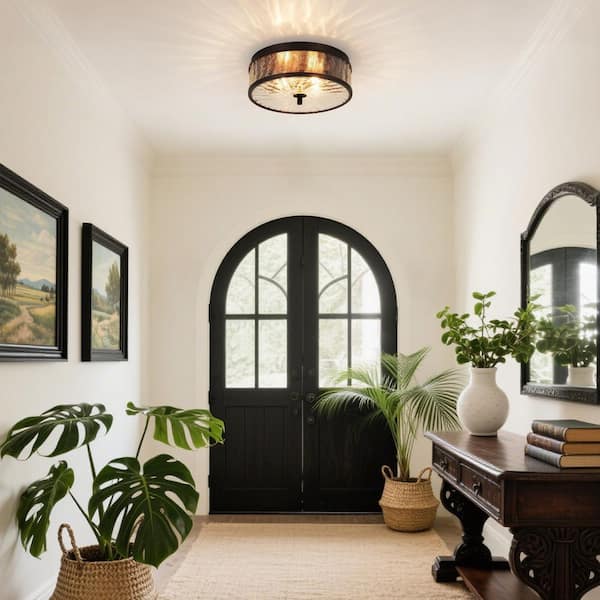 Lumin 2-Light 12 in.W Oil Rubbed Bronze Flush Mount Industrial Dome Round Ceiling Light with Cracked Glass for Foyer