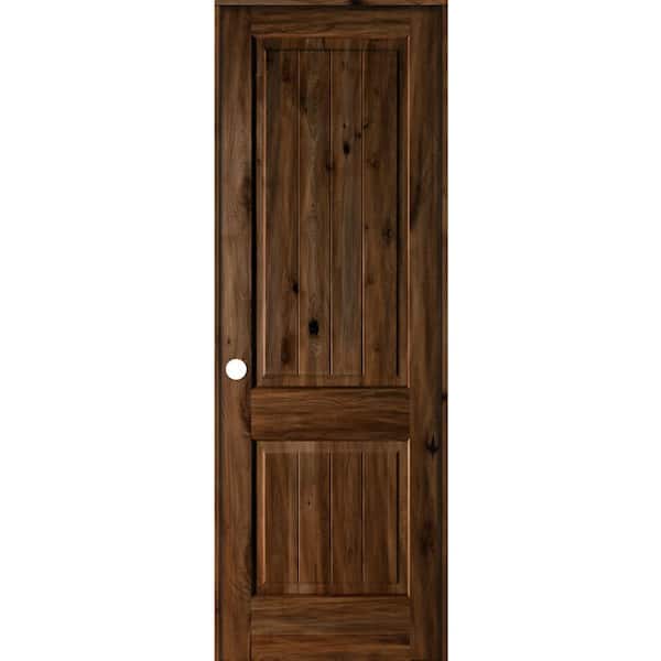 Krosswood Doors 32 in. x 96 in. Knotty Alder 2 Panel Right-Hand Square Top V-Groove Provincial Stain Wood Single Prehung Interior Door